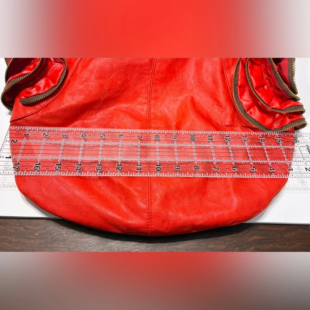 Large Red Hobo Bag, Gold Zipper Flowers, Twisted Handle, 16x13.5